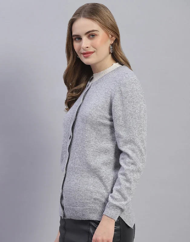 Women Grey Solid Round Neck Full Sleeve Cardigan