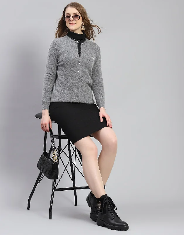 Women Grey Solid Round Neck Full Sleeve Cardigan