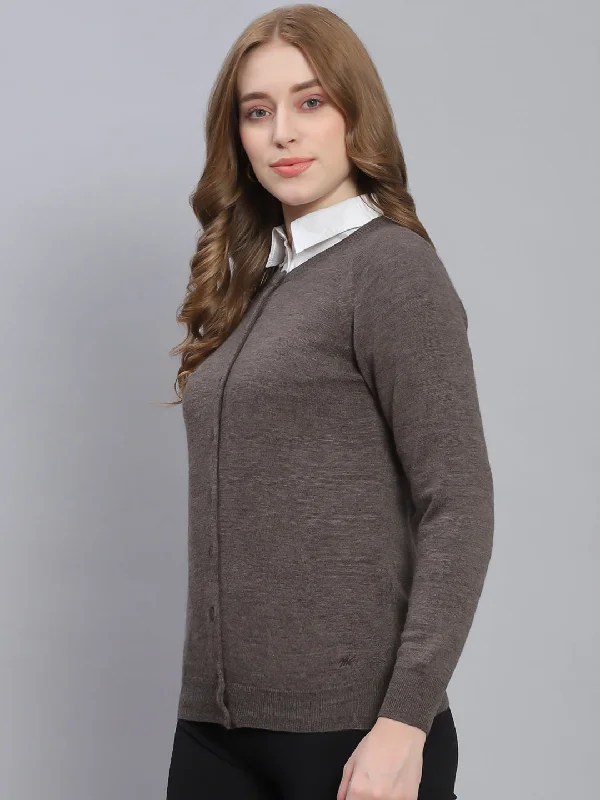 Women Grey Solid Round Neck Full Sleeve Cardigans