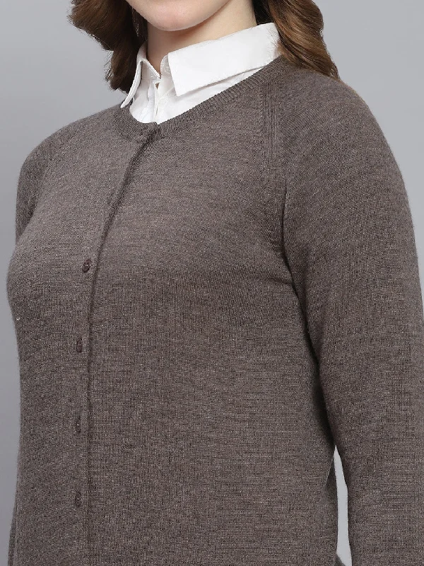 Women Grey Solid Round Neck Full Sleeve Cardigans