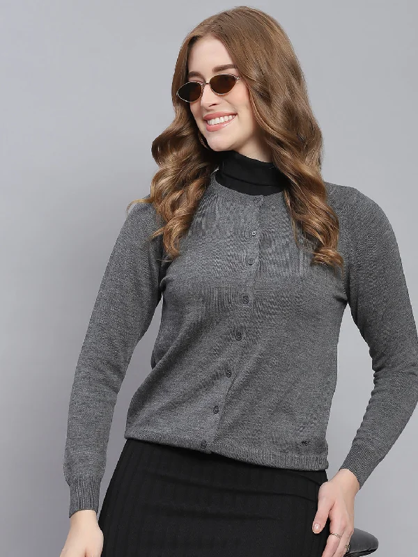 Women Grey Solid Round Neck Full Sleeve Cardigans