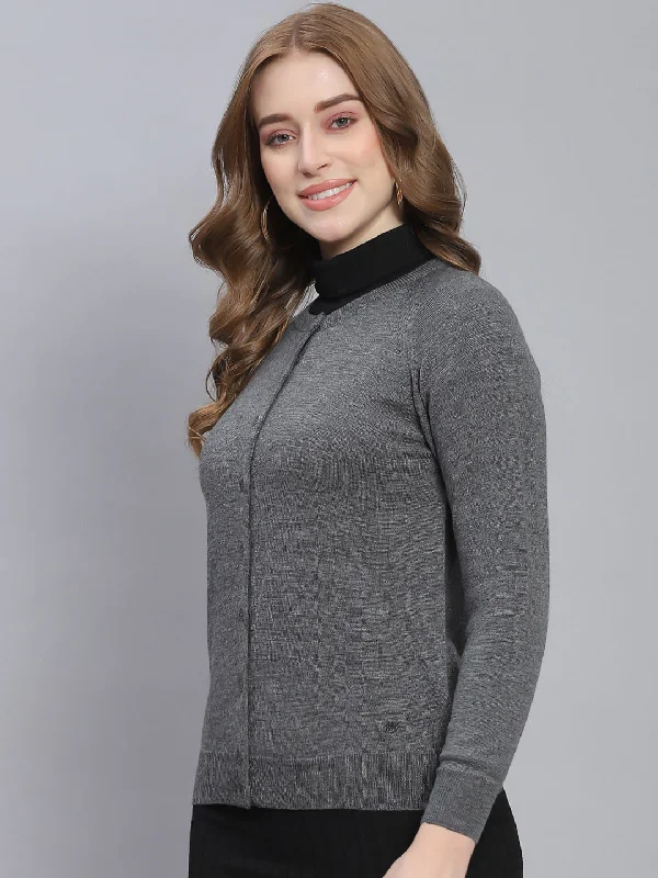 Women Grey Solid Round Neck Full Sleeve Cardigans