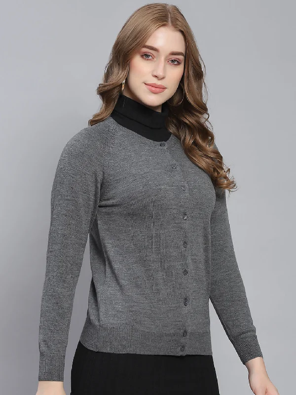 Women Grey Solid Round Neck Full Sleeve Cardigans