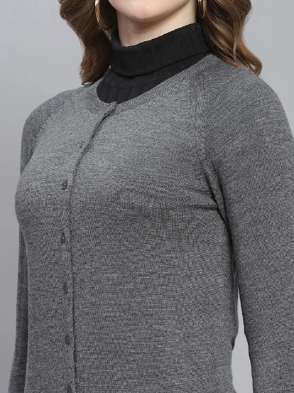 Women Grey Solid Round Neck Full Sleeve Cardigans