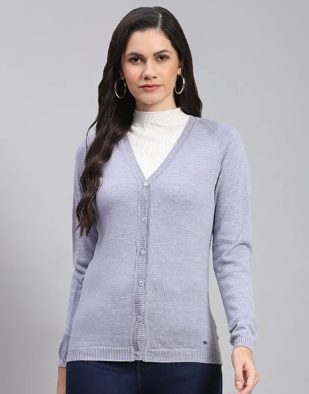 Women Grey Solid V Neck Full Sleeve Cardigan