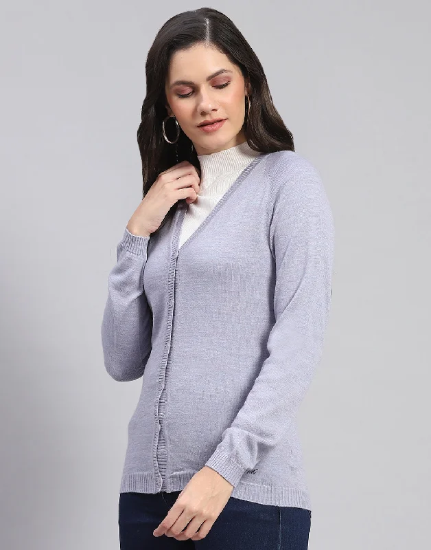 Women Grey Solid V Neck Full Sleeve Cardigan