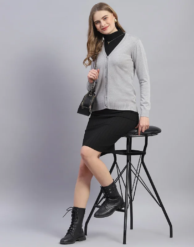 Women Grey Solid V Neck Full Sleeve Cardigan