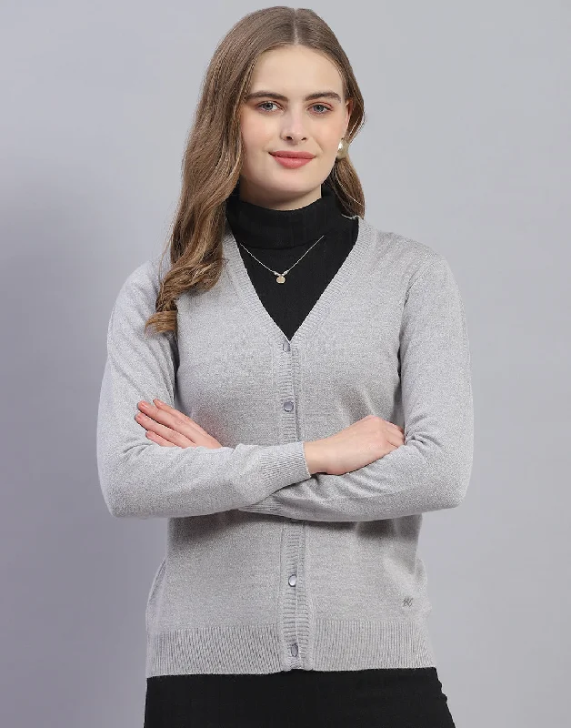 Women Grey Solid V Neck Full Sleeve Cardigan