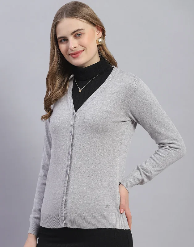 Women Grey Solid V Neck Full Sleeve Cardigan