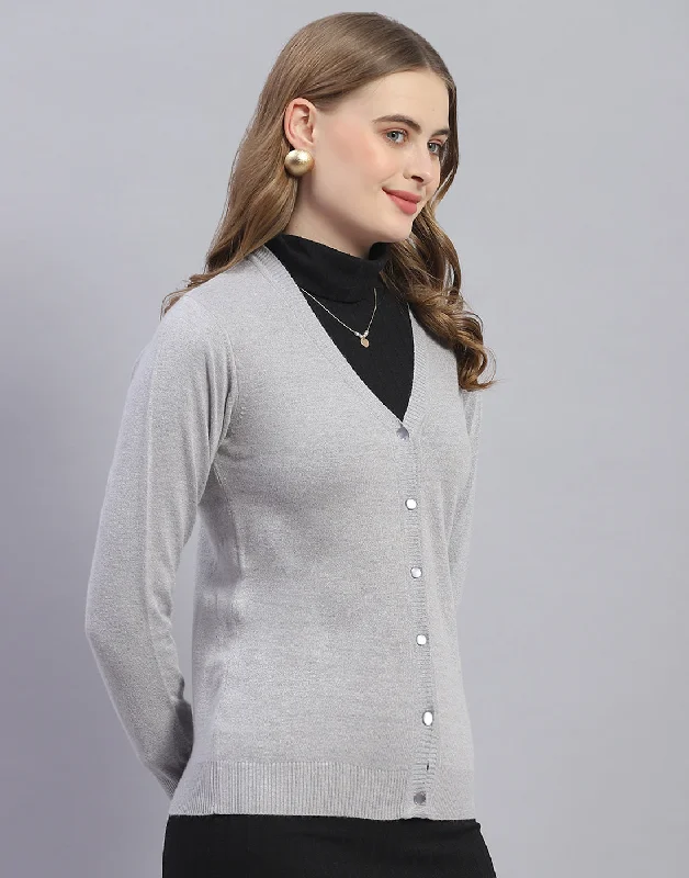 Women Grey Solid V Neck Full Sleeve Cardigan