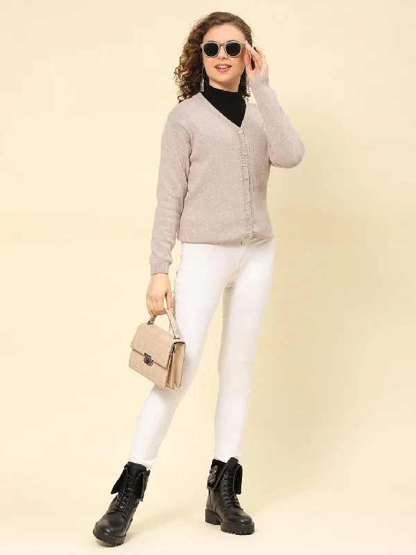 Women Grey Solid V Neck Full Sleeve Cardigans