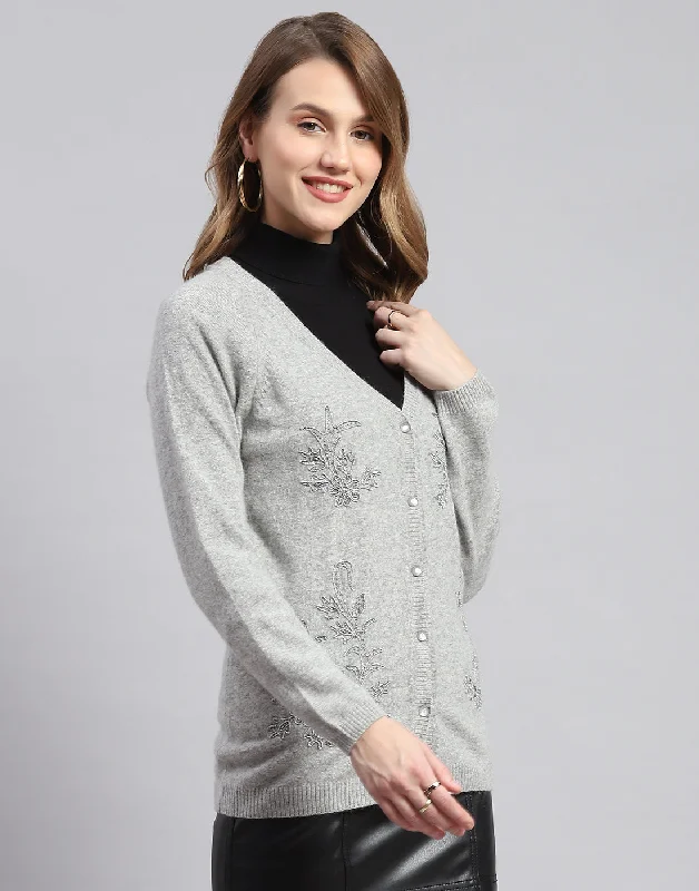 Women Grey Solid V Neck Full Sleeve Cardigans