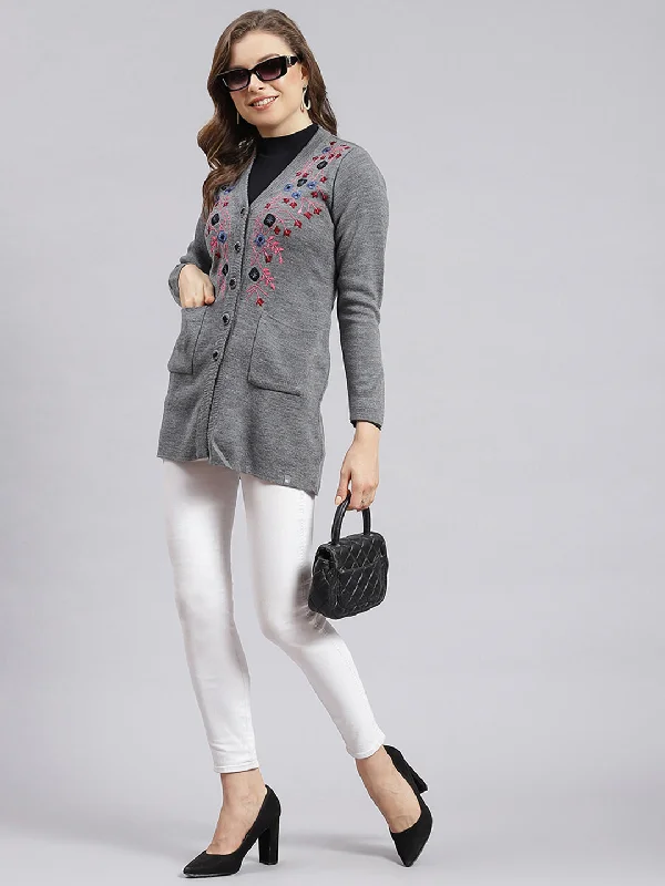 Women Grey Solid Wool blend Cardigan