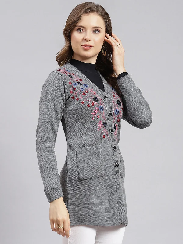 Women Grey Solid Wool blend Cardigan