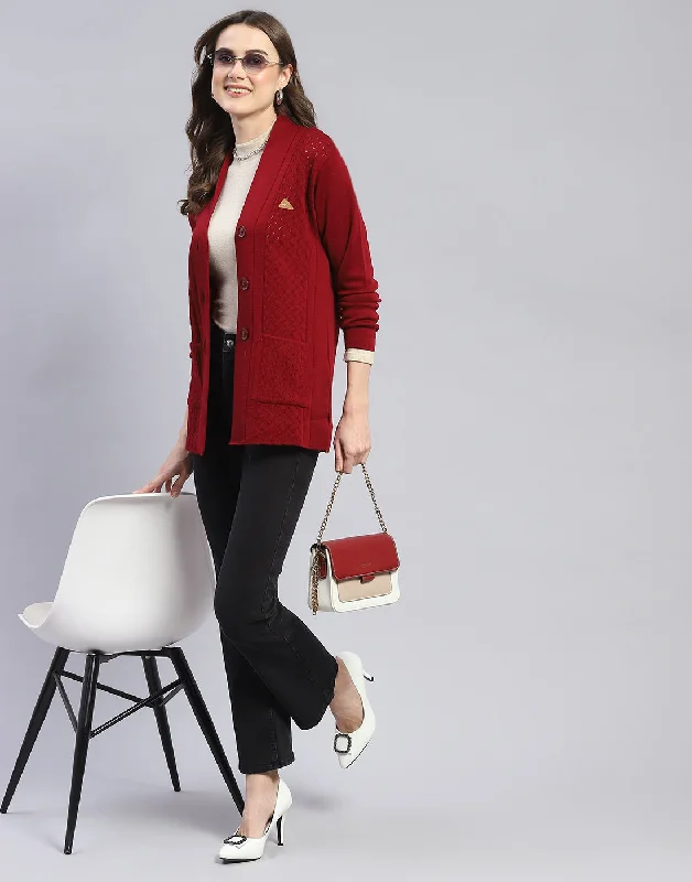 Women Maroon Self Design V Neck Full Sleeve Cardigan