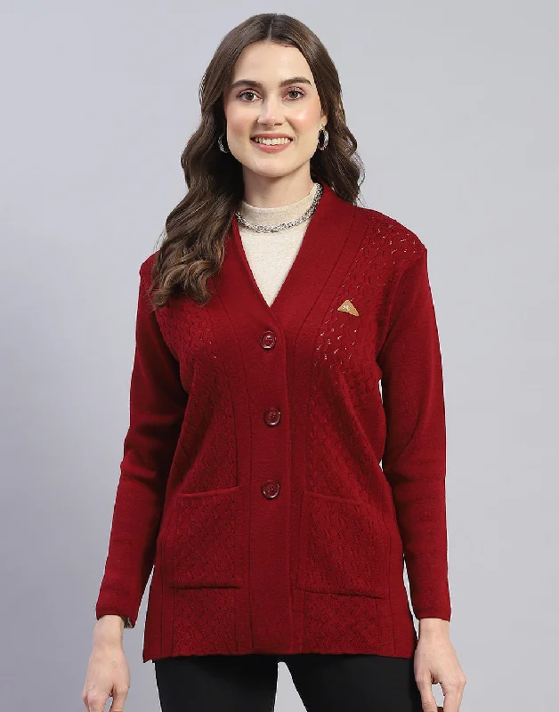 Women Maroon Self Design V Neck Full Sleeve Cardigan