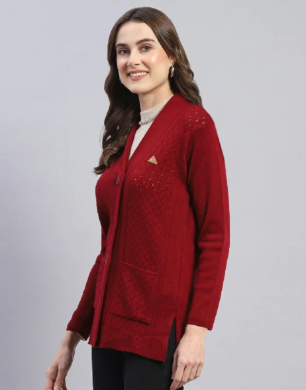 Women Maroon Self Design V Neck Full Sleeve Cardigan