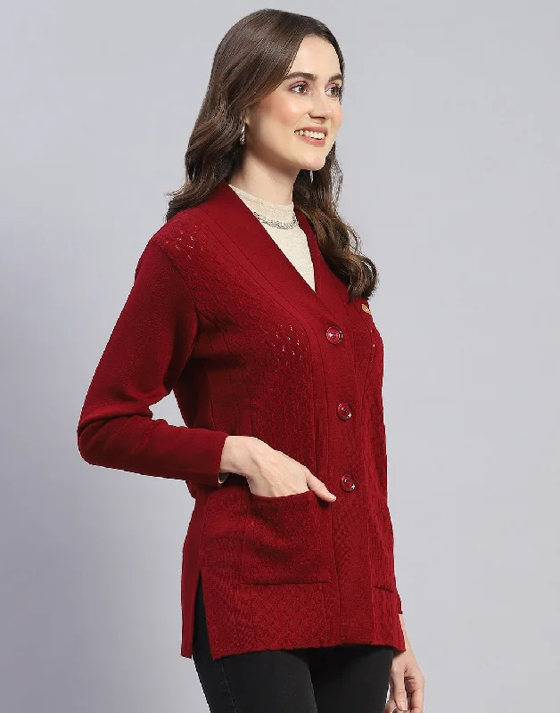 Women Maroon Self Design V Neck Full Sleeve Cardigan