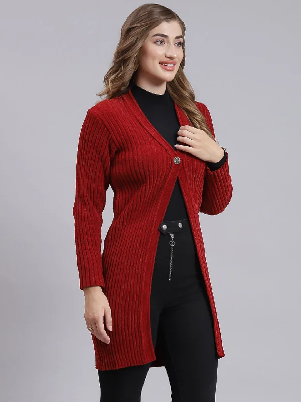 Women Maroon Self Design Wool blend Cardigan