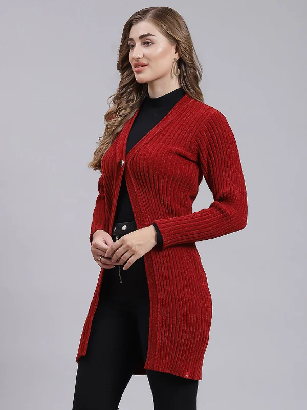 Women Maroon Self Design Wool blend Cardigan