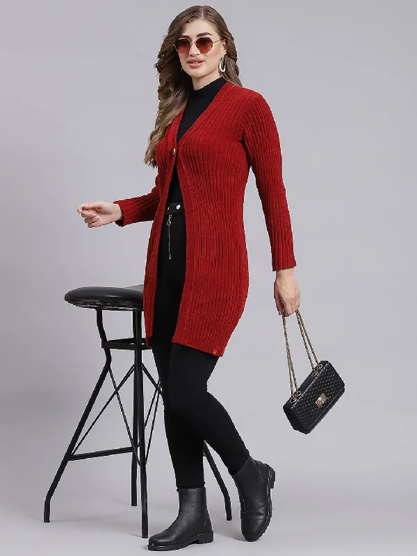 Women Maroon Self Design Wool blend Cardigan