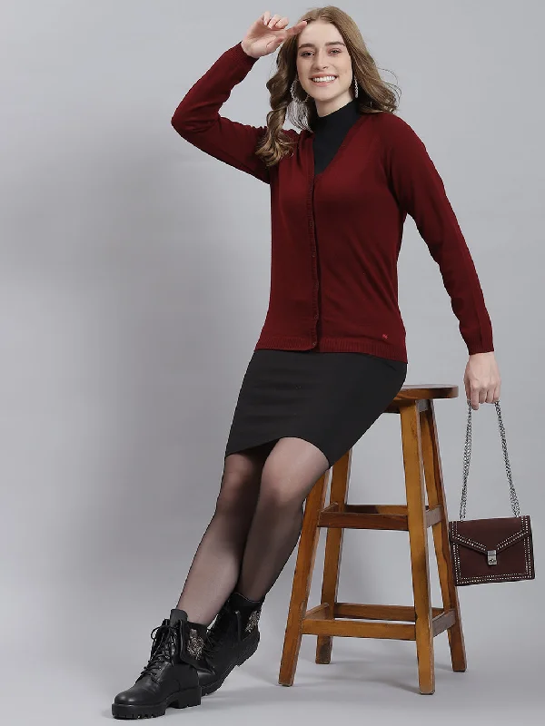 Women Maroon Solid Cardigan