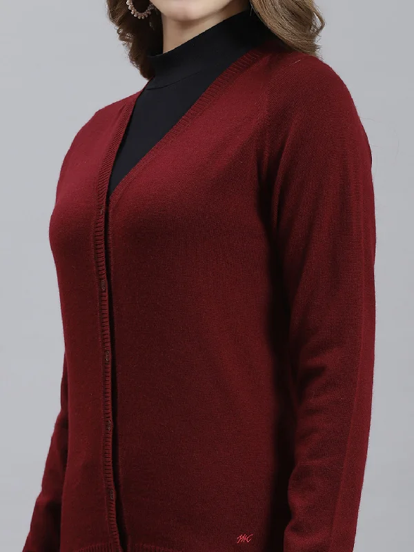 Women Maroon Solid Cardigan