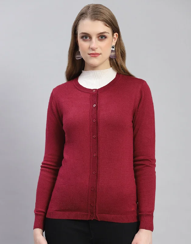 Women Maroon Solid Round Neck Full Sleeve Cardigan