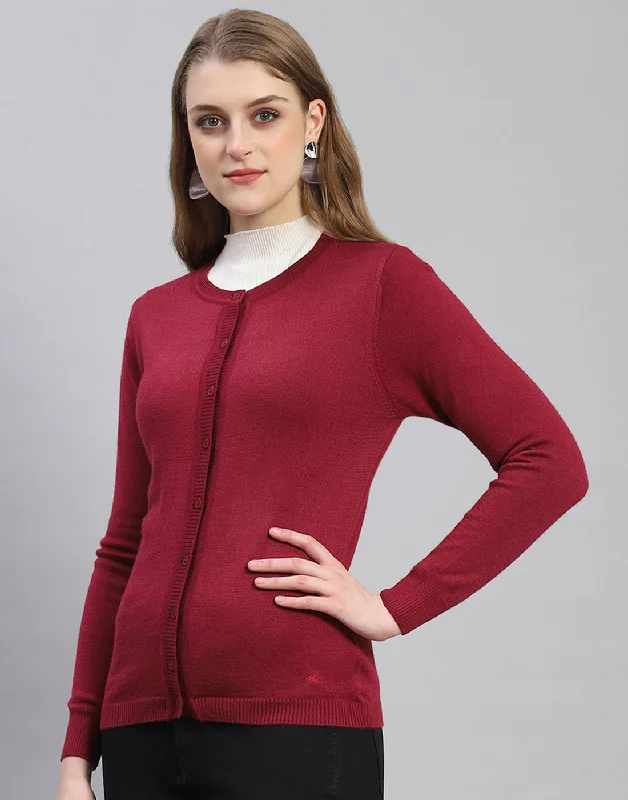 Women Maroon Solid Round Neck Full Sleeve Cardigan