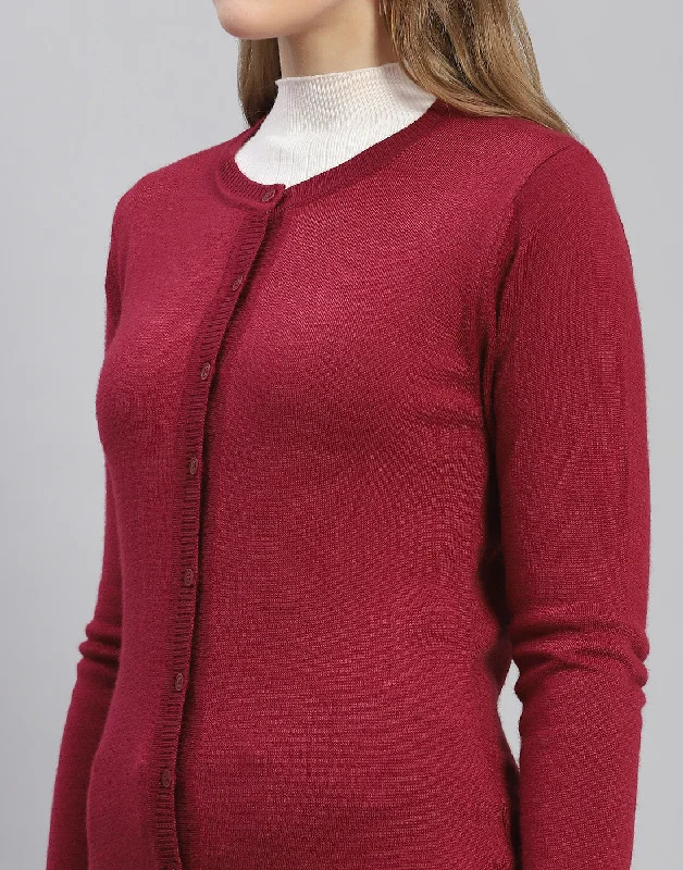 Women Maroon Solid Round Neck Full Sleeve Cardigan