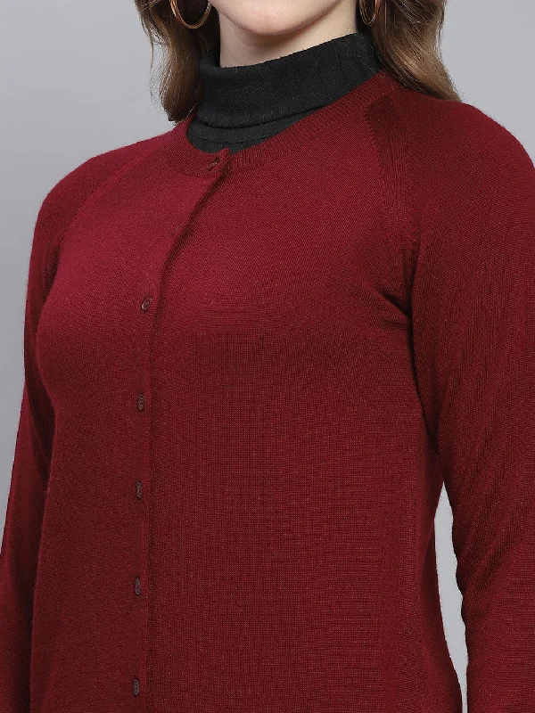 Women Maroon Solid Round Neck Full Sleeve Cardigans