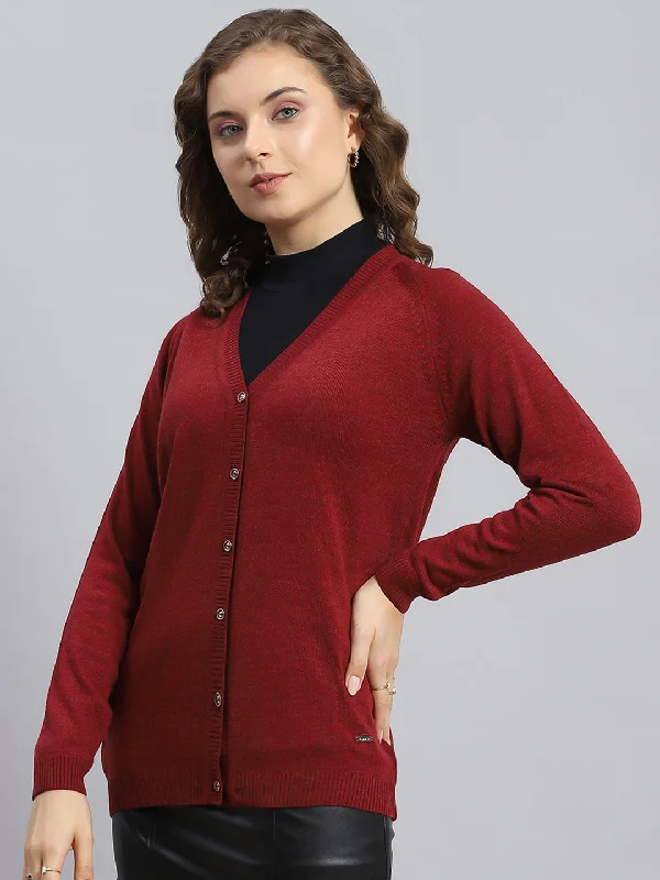 Women Maroon Solid V Neck Full Sleeve Cardigans