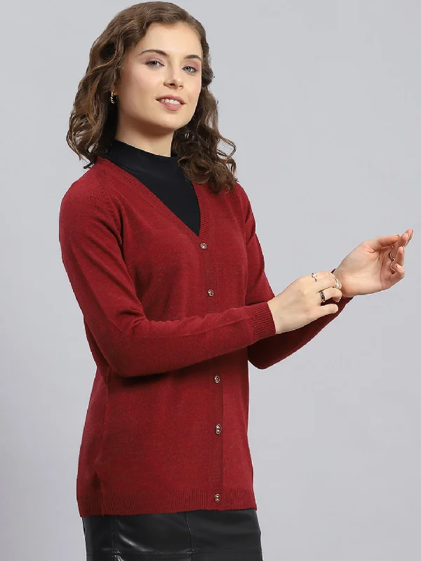 Women Maroon Solid V Neck Full Sleeve Cardigans