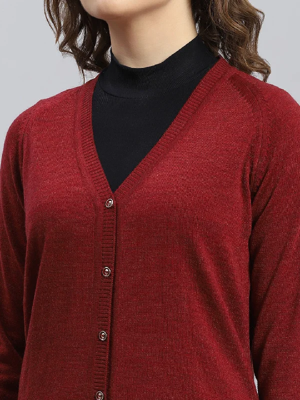 Women Maroon Solid V Neck Full Sleeve Cardigans