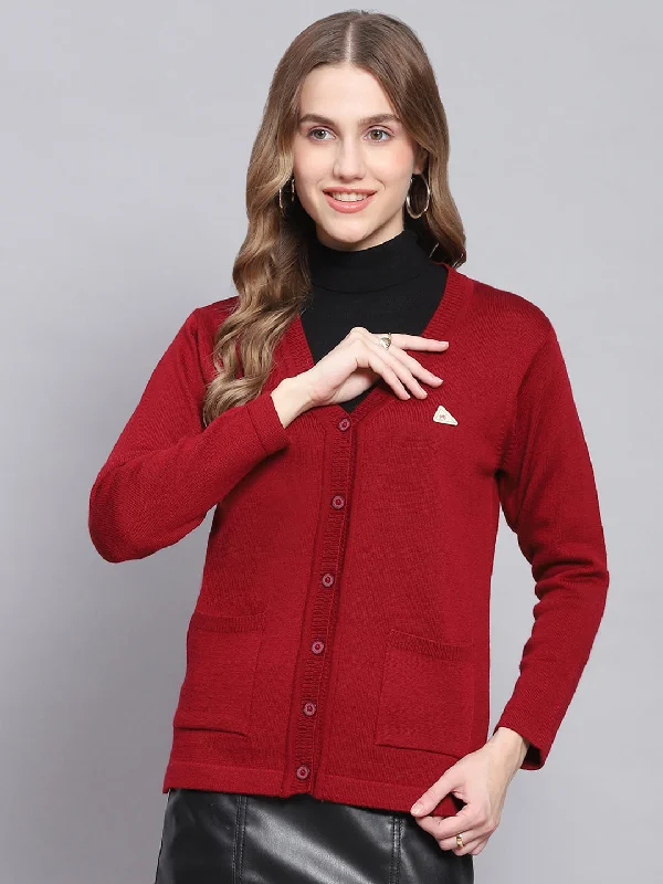 Women Maroon Solid V Neck Full Sleeve Cardigans