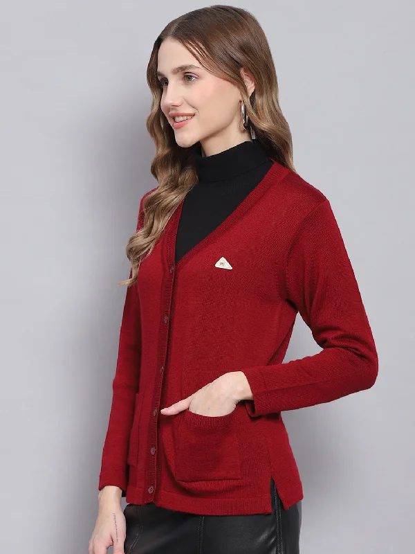 Women Maroon Solid V Neck Full Sleeve Cardigans