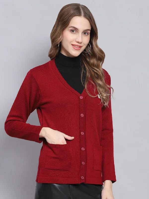 Women Maroon Solid V Neck Full Sleeve Cardigans