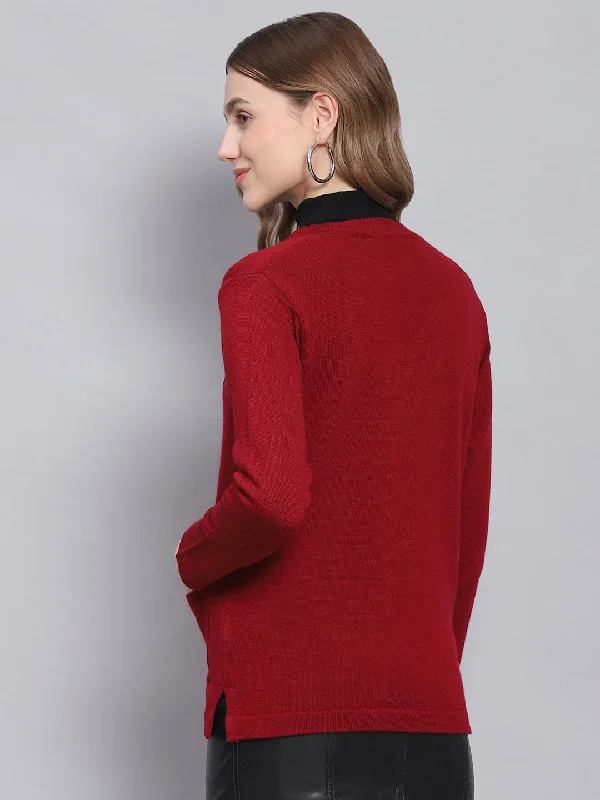 Women Maroon Solid V Neck Full Sleeve Cardigans