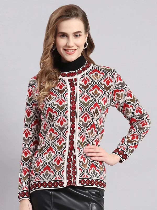 Women Multicolor Self Design Round Neck Full Sleeve Cardigans