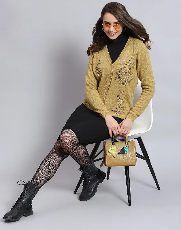 Women Mustard Embellished V Neck Full Sleeve Cardigan