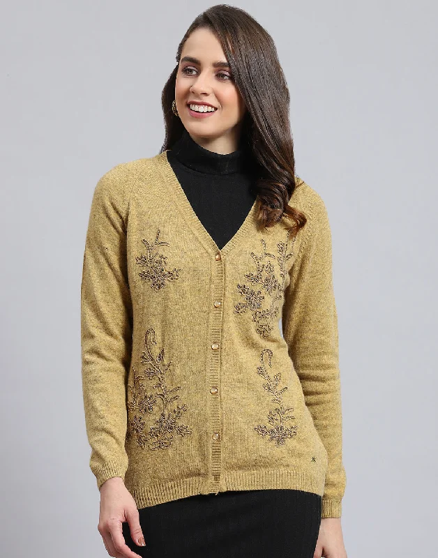 Women Mustard Embellished V Neck Full Sleeve Cardigan