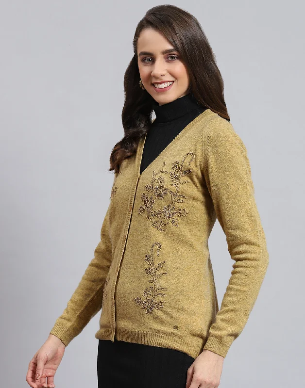 Women Mustard Embellished V Neck Full Sleeve Cardigan