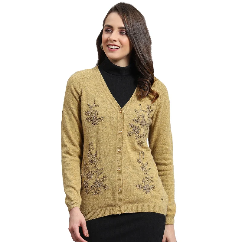 Women Mustard Embellished V Neck Full Sleeve Cardigan