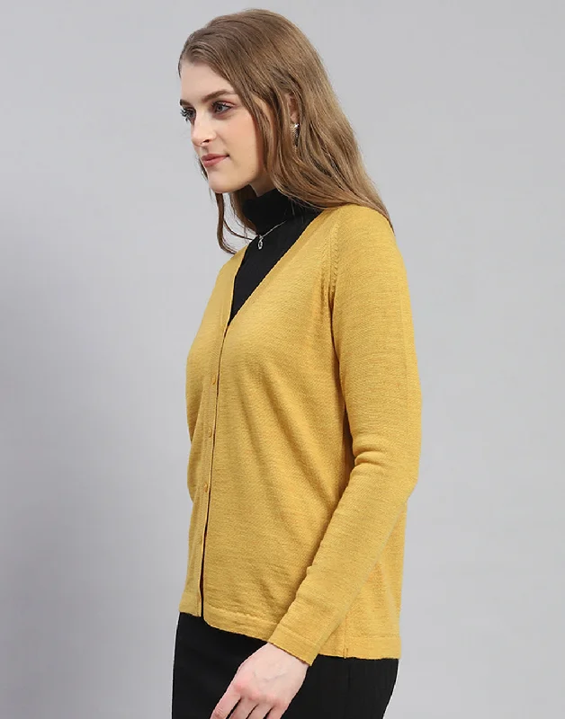 Women Mustard Solid V Neck Full Sleeve Cardigan