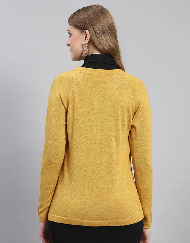 Women Mustard Solid V Neck Full Sleeve Cardigan