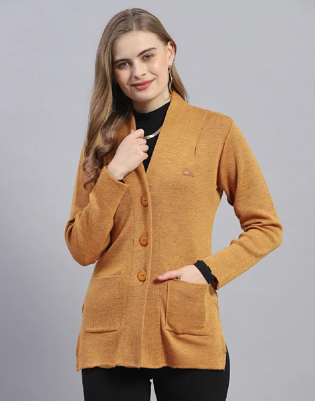 Women Mustard Solid V Neck Full Sleeve Cardigan