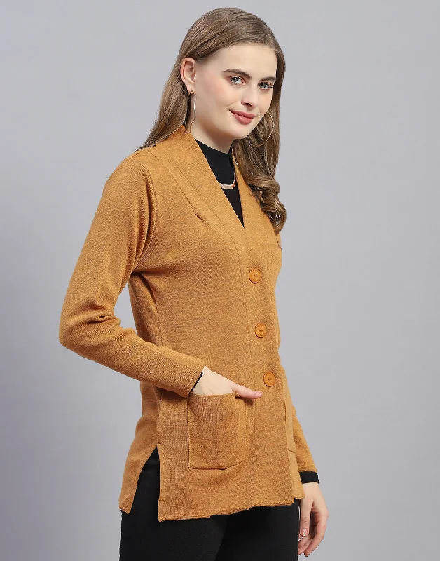 Women Mustard Solid V Neck Full Sleeve Cardigan