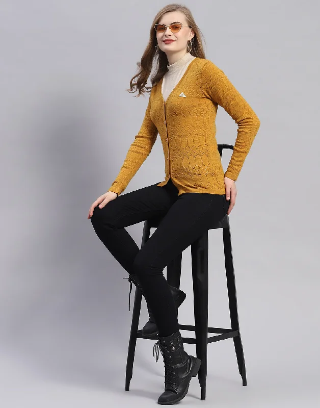 Women Mustard Solid V Neck Full Sleeve Cardigan