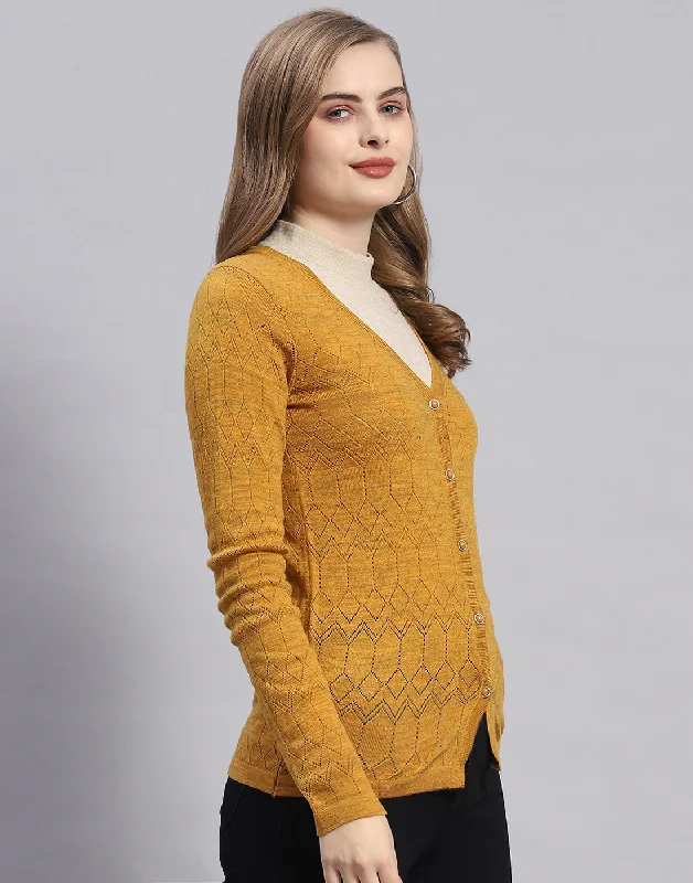 Women Mustard Solid V Neck Full Sleeve Cardigan