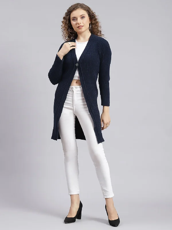 Women Navy Blue Self Design Wool blend Cardigan